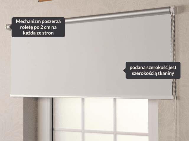 Roleta wolnowisząca biała — opis wymiarów: podana szerokość tkaniny