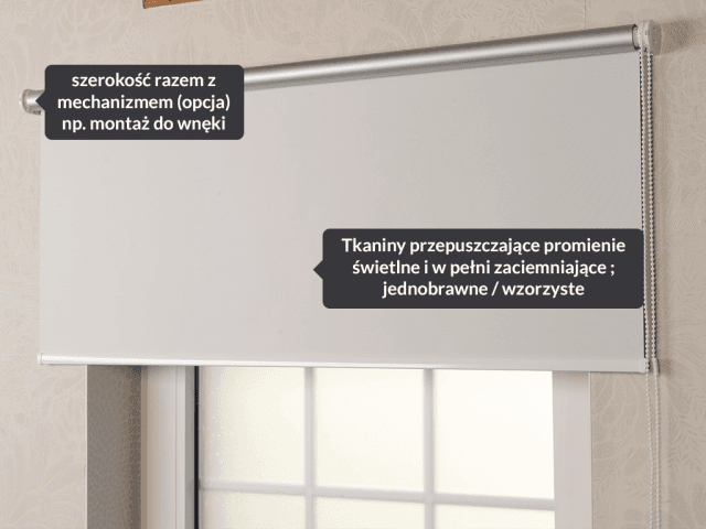 Roleta wolnowisząca biała — opis elementów: szerokość z mechanizmem i tkaniny