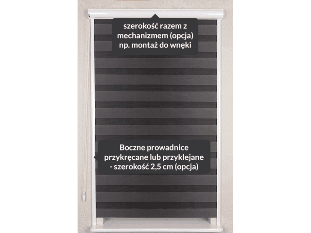 Roleta dzień noc w kasecie na sufit/ścianę brązowa — opis elementów: szerokość i boczne prowadnice