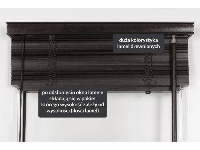 Żaluzja drewniana 25 mm brązowa — opis elementów: pakiet lamel i kolorystyka