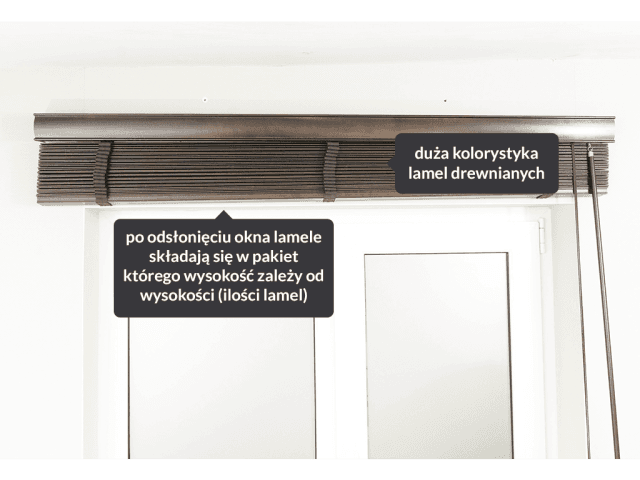 Żaluzja drewniana 50 mm brązowa — opis elementów: pakiet lamel i kolorystyka
