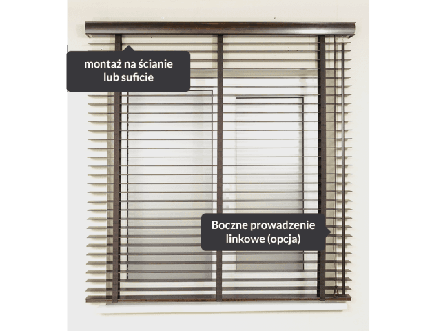 Żaluzja drewniana 50 mm brązowa — opis elementów: montaż i boczne prowadzenie