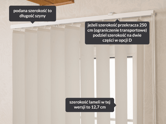 Żaluzja pionowa 127 mm kremowa — opis wymiarów: długość szyny i szerokość lameli