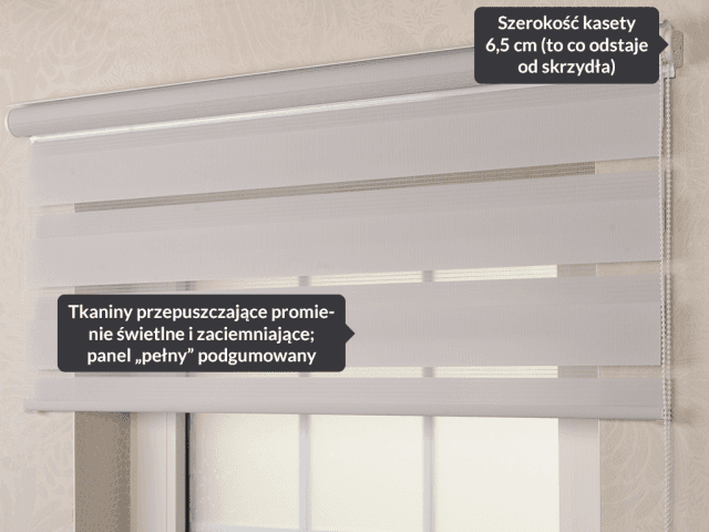 Roleta dzień noc z osłonką MGS szara — opis wymiarów: szerokość kasety i tkaniny