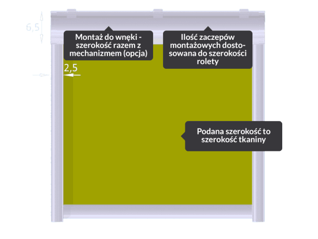 Roleta w kasecie z prowadnicami na ścianę — opis elementów: montaż do wnęki i zaczepy