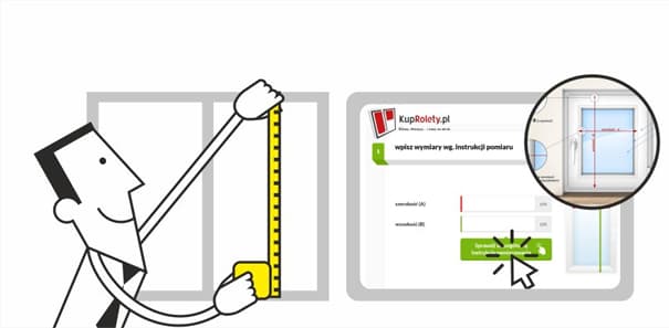 Ilustracja: pomiar okna miarką i wpisanie wymiarów w konfiguratorze KupRolety.pl